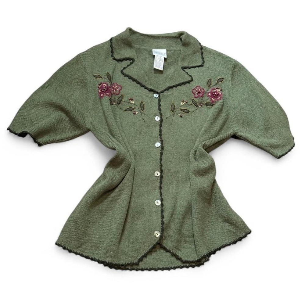 Vintage 90s Koret Sage Green Embroidered Short Sleeve Knit Cardigan, Women's S